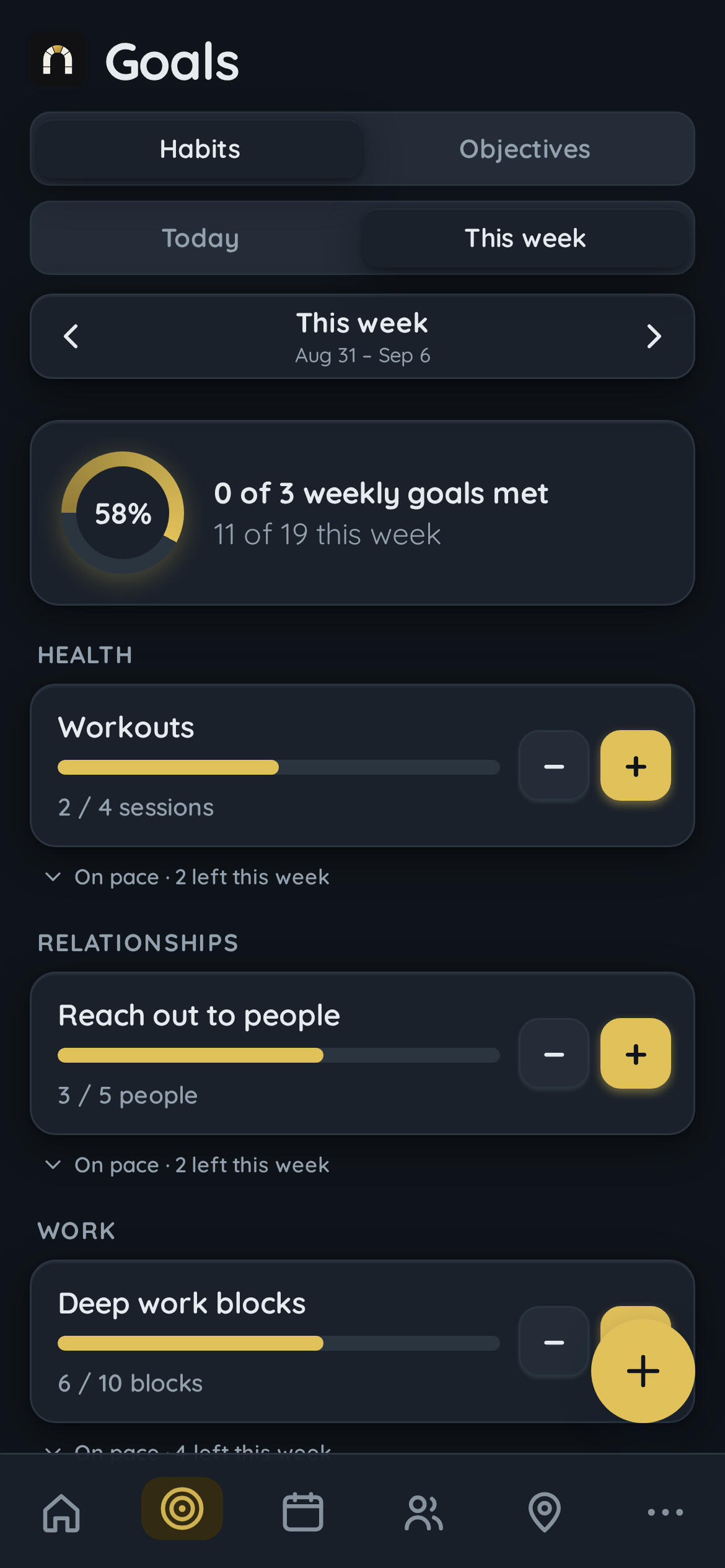 Goal setting page on app