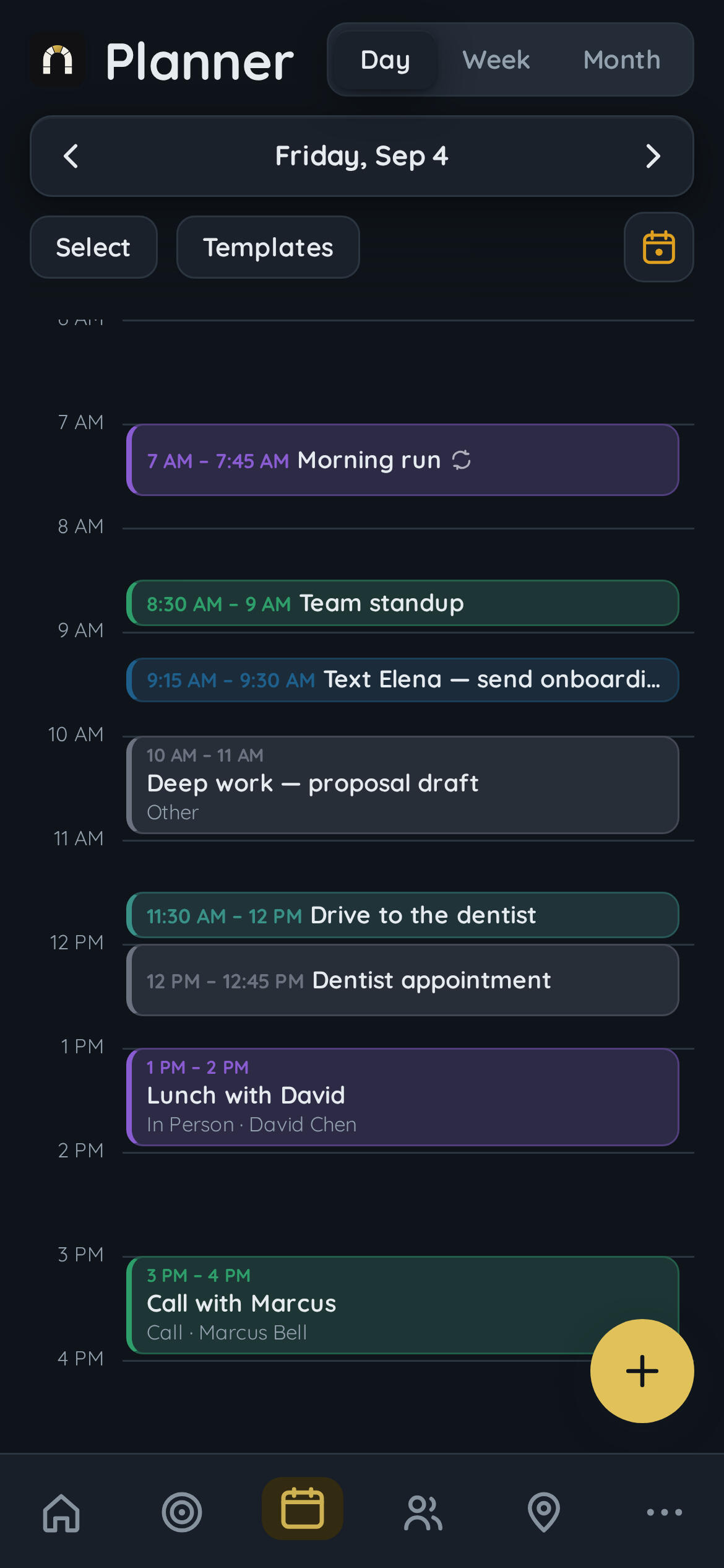 Calendar and scheduling page on app